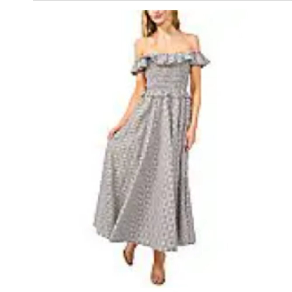 Ce Ce Gingham Off-The-Shoulder Sleeveless Ruffle Smocked Maxi A-Line CottonDress